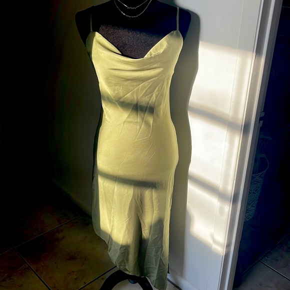 FOREVER21 | Women’s Sage Satin Asymmetrical Midi Slip Dress with Side Slit Small - Picture 2 of 9